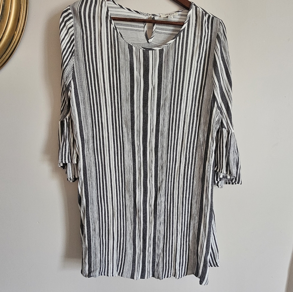 Umgee Striped Black White Boho Beach Feminine Bell‎ Sleeve Blouse Lightweight